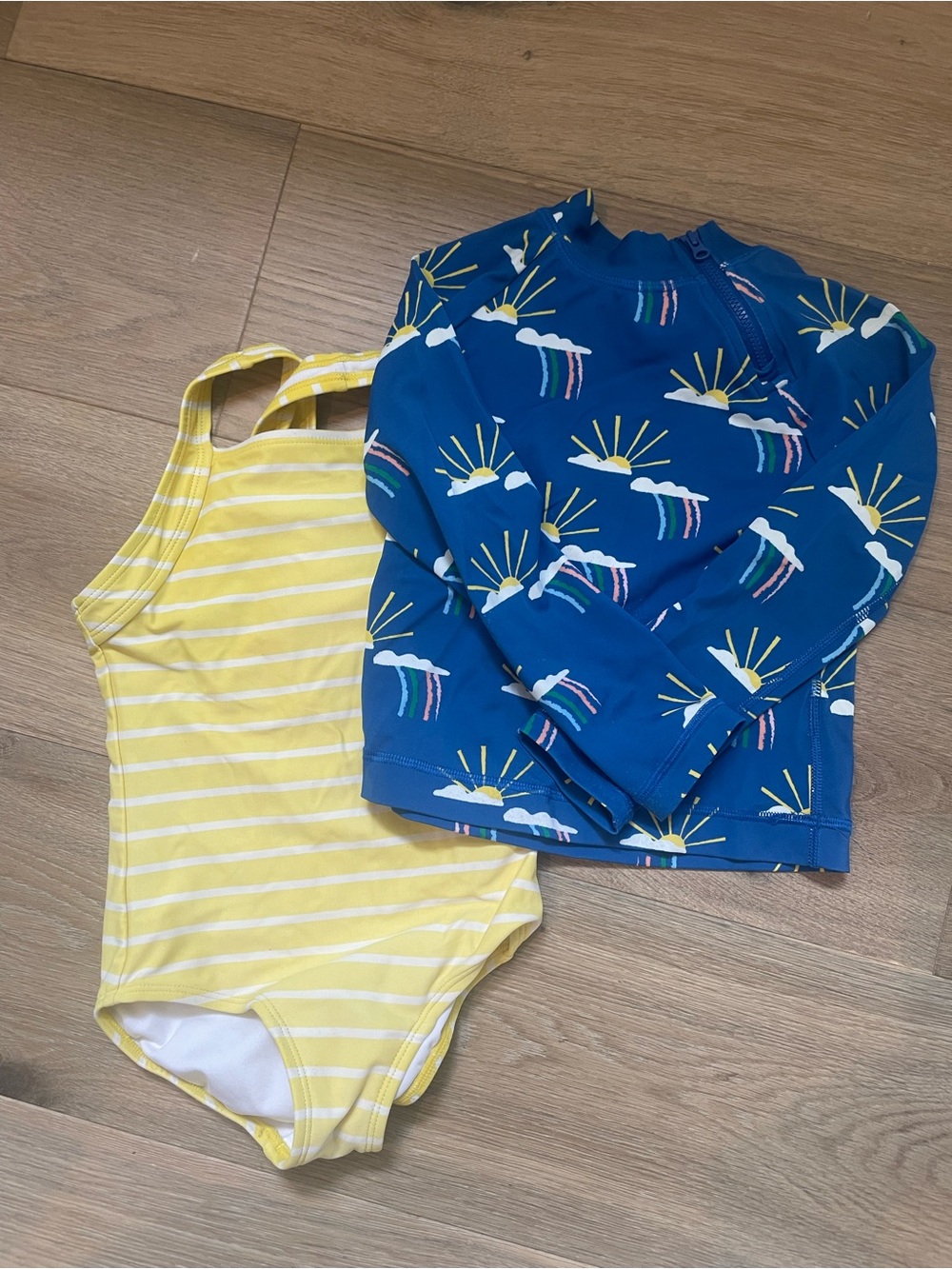 Hanna Andersson Yellow Stripe One-Piece Swimsuit with Blue Sun-Print Rash Guard